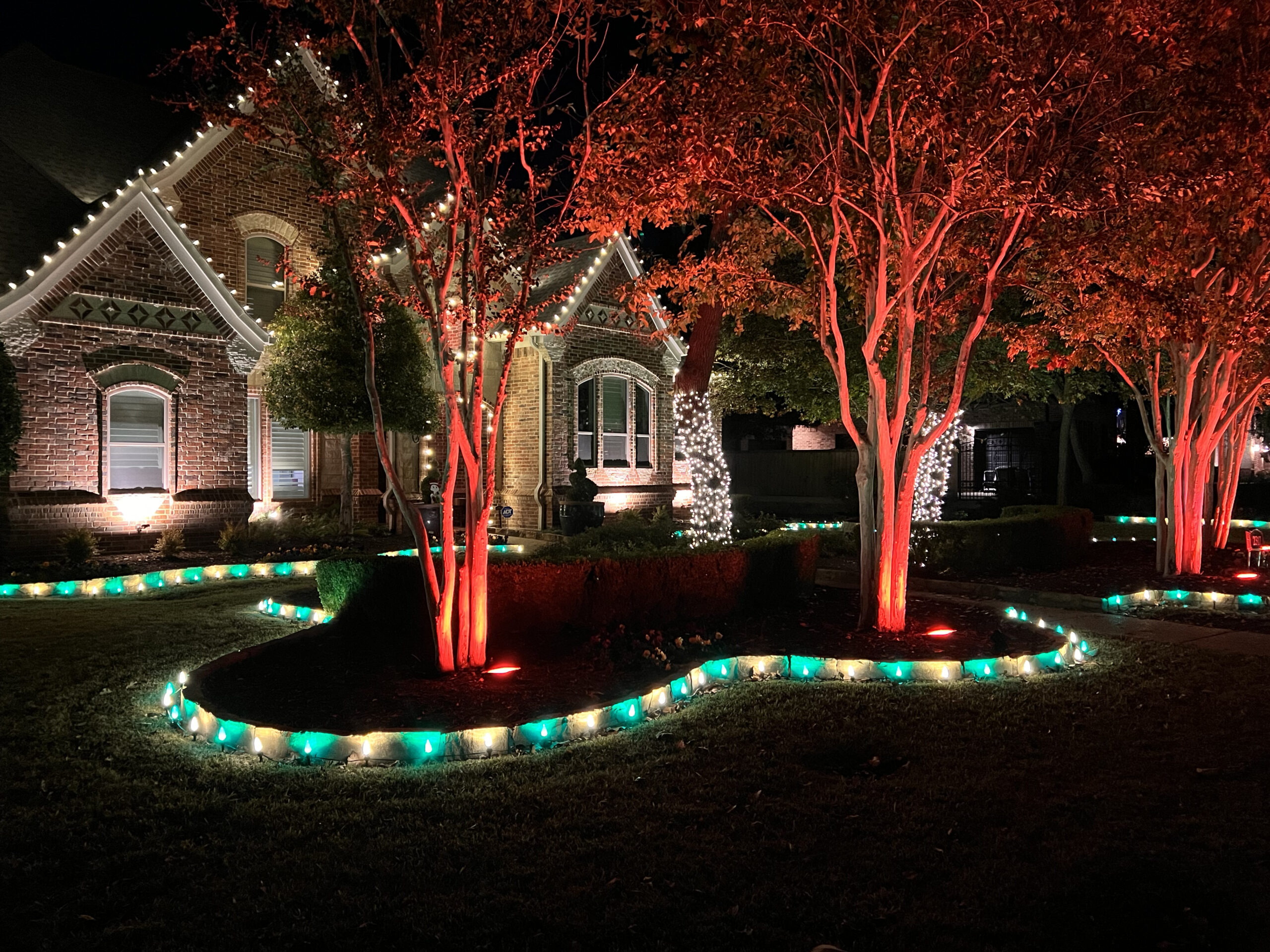 House decorated with RGB Christmas lights illuminating the trees.