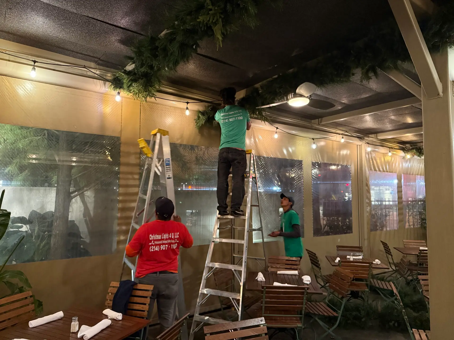 Commercial Christmas light installation crew completing a commercial holiday display at a Dallas-Fort Worth property — Christmas Lights 4 U